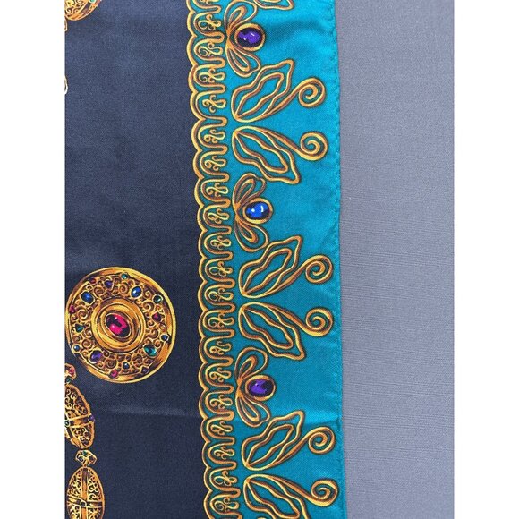 Vintage Echo Square Scarf Jewel Chain Print Blue & Gold Design 34.5"x34.5" Silk - Picture 3 of 5